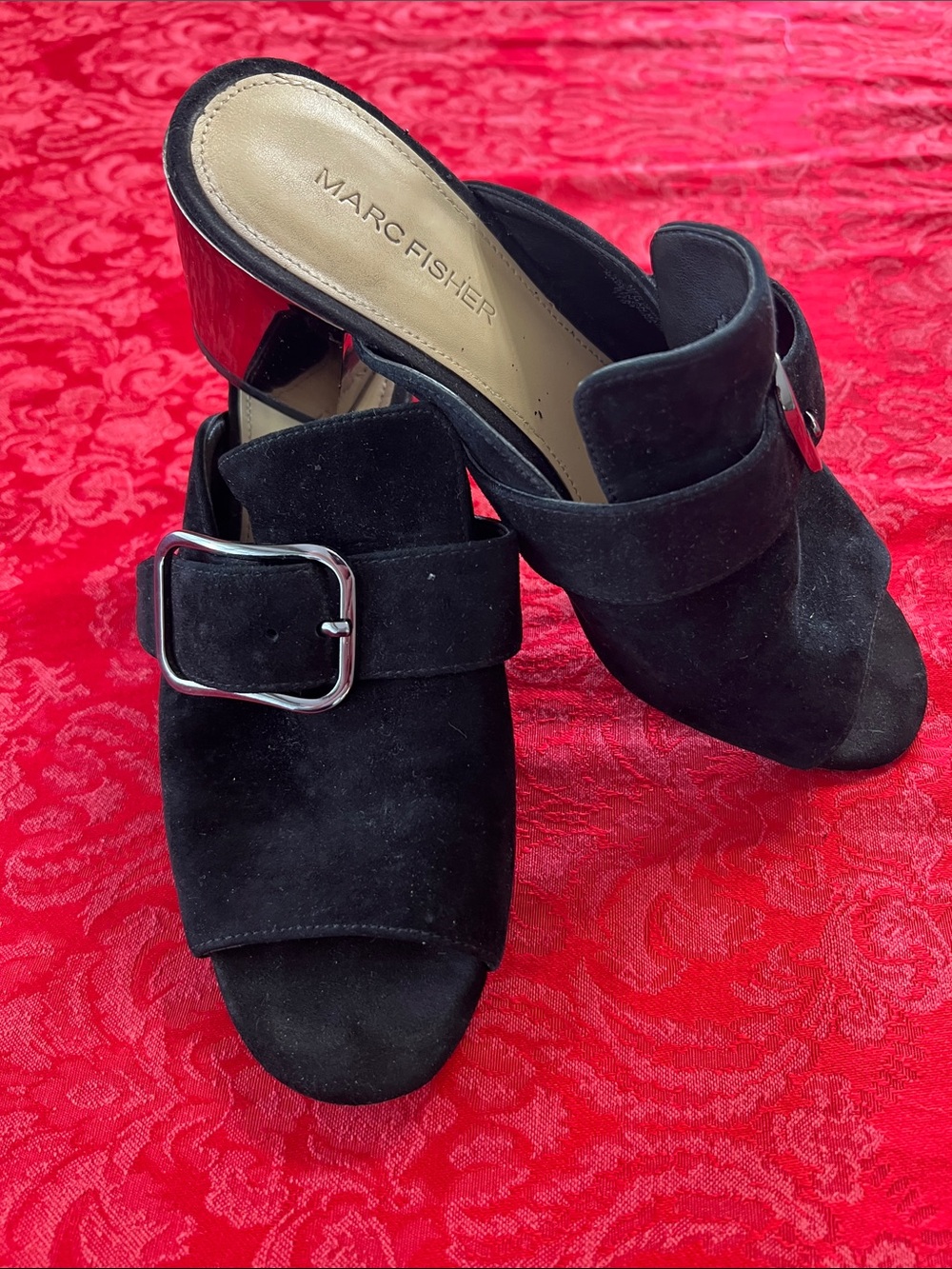 Marc Fisher Black Suede Mule Heels Women’s 6.5 Open Toe Silver Buckle Slip On